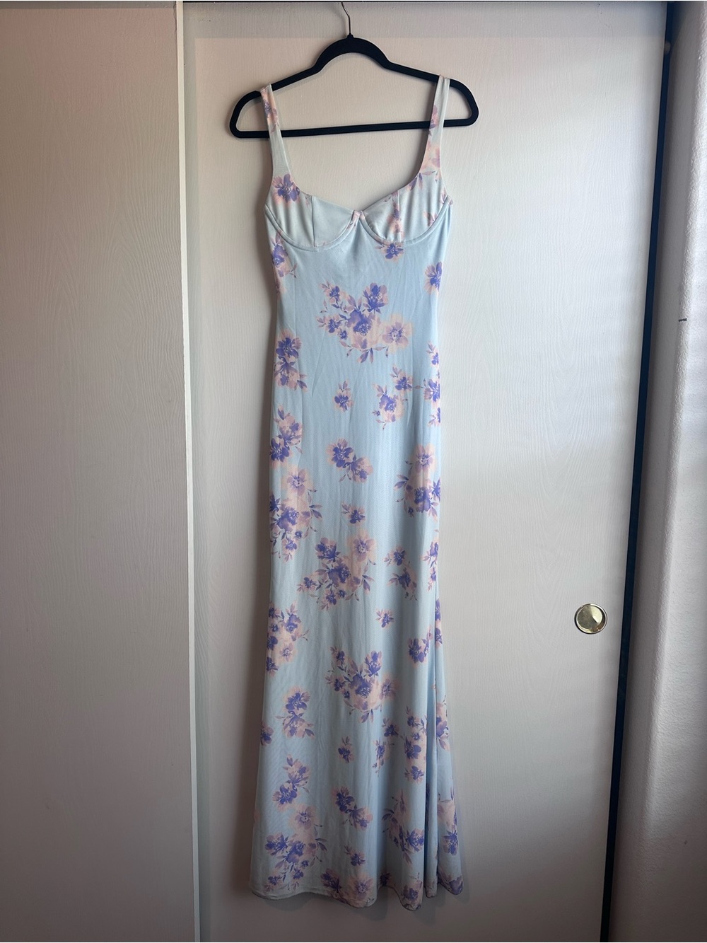 Peppermayo Light Blue Maxi Dress with Purple and Peach Floral Print